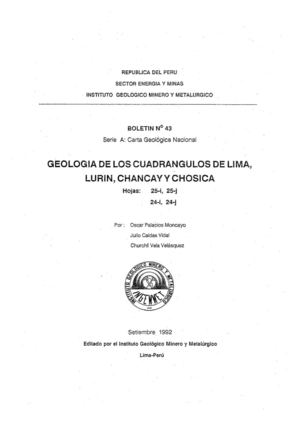 Geología - Cuadrangulo de Lima (25i), Lurín (25j), Chancay (24i) y Chosica (24j),1992