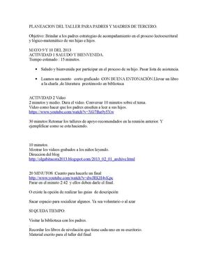 PLANEACION DEL TALLER PARA PADRES Y MADRES DE TERCERO