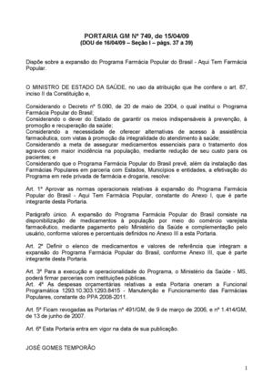 FARMÁCIA POPULAR  PORTARIA Nº 749