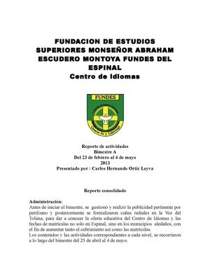 Centro de Idiomas FUNDES -Reporte Bimestre A-2013