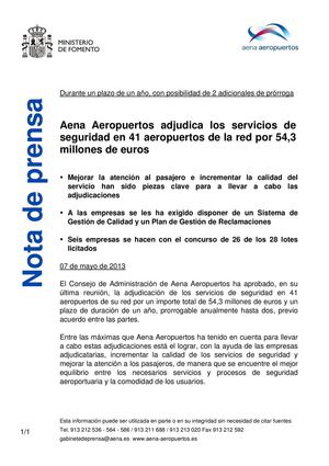 Nota de prensa: Aena Aeropuertos adjudica los servicios de seguridad en 41 aeropuertos de la red por 54,3 millones de euros