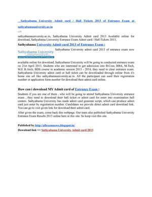 Sathyabama University Admit card - Hall Tickets 2013 of Entrance Exam at sathyabamauniversity.ac.in