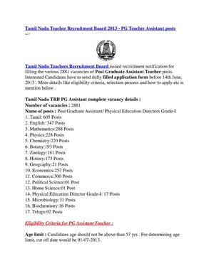 Tamil Nadu Teacher Recruitment Board 2013 - PG Teacher Assistant posts