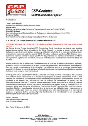 SOLIDARIDAD INTERNACIONAL CON LA LUCHA DE LOS TRABAJADORES BOLIVIANOS. CENTRAL SINDICAL POPULAR CONLUTAS ENVÍA APOYO DESDE BRASIL. 