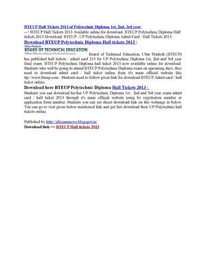 BTEUP Hall Tickets 2013 of Polytechnic Diploma 1st, 2nd, 3rd year