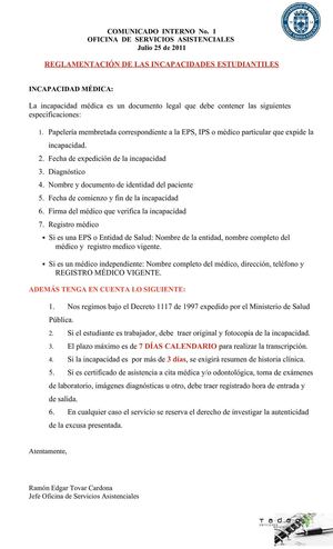 Reglamentación para validar incapacidades de estudiantes