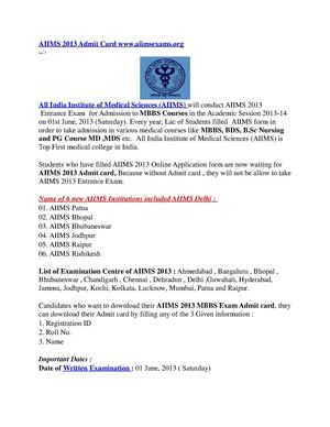 AIIMS 2013 Admit Card www.aiimsexams.org