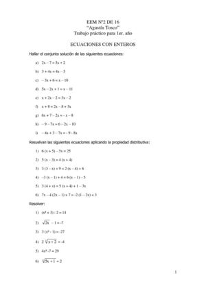 TRABAJO PRÁCTICO 1er AÑO - ECUACIONES CON ENTEROS