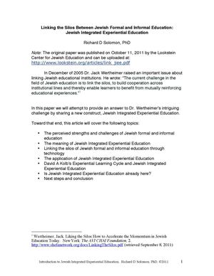 Linking the Silos between Jewish Formal and Informal Education: Jewish Integrated Experiential Educaiton