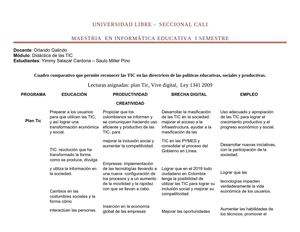 Cuadro comparativo: Plan Tic - Vive digital -  Ley 1341 2009