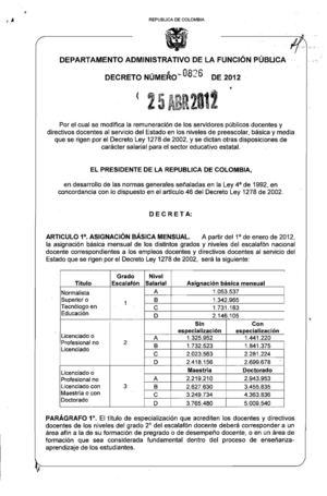 SALARIO 2012: DECRETO 0826 DEL 25 DE ABRIL DE 2012
