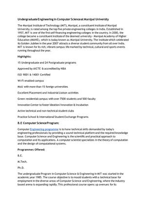 Undergraduate Engineering in Computer Science at Manipal University 
