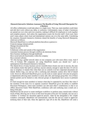 Onsearch Interactive Solutions Announces The Benefits of Using Microsoft Sharepoint For a Business