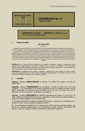 Sentencia C-258 de 2013 Comunicado No  17 de mayo de 2013