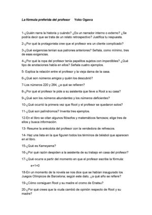 Actividades sobre La fórmula preferida del profesor  (Yoko Ogawa)