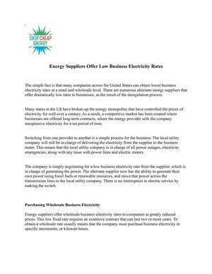 Energy Suppliers Offer Low Business Electricity Rates