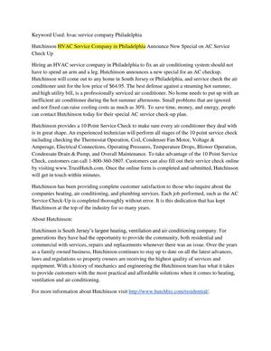 Hutchinson HVAC Service Company in Philadelphia Announce New Special on AC Service Check Up