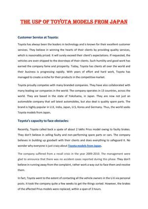 The USP of Toyota Models from Japan