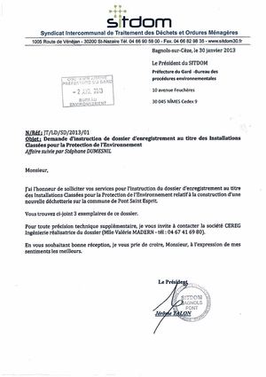 demande d'enregistrement ICPE_déchetterie de Pont Saint Esprit