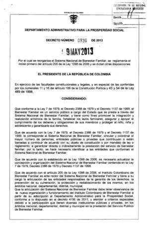 DECRETO 936 DEL 9 DE MAYO DE 2013 BIENESTAR FAMILIAR