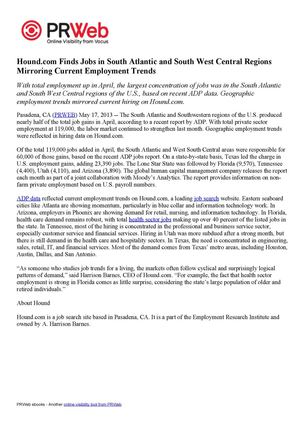 Hound.com Finds Jobs in South Atlantic and South West Central Regions Mirroring Current Employment Trends