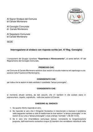 Interrogazione al sindaco sulla situazione scolastica comunale