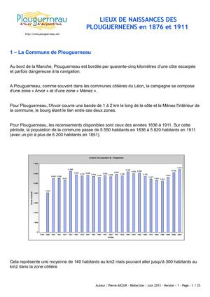 Lieux de Naissances des Plouguernéens en 1876 et 1911