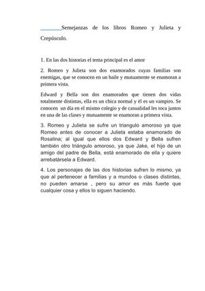 Semejanzas de los libros Romeo y Julieta, y Crepusculo. Historietas