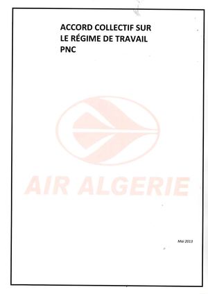 Protocle d'Accord sur le Régime de Travail PNC - Air Algérie