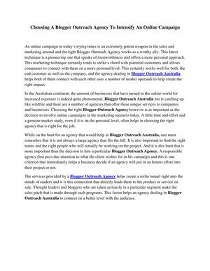Choosing A Blogger Outreach Agency To Intensify An Online Campaign