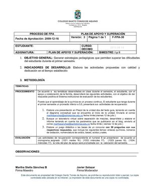 plan de apoyo y superacion quìmica