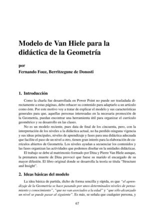 Modelo de Van Hiele para la didáctica de la Geometría.*Fouz, Fernando;  De Donosti, Berritzegune.*Fernando Fouz, Berritzegune de Donosti