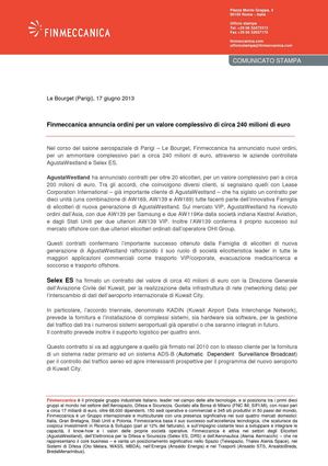 Finmeccanica annuncia ordini per un valore complessivo di circa 240 milioni di euro