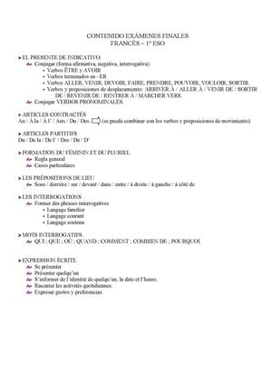 Materia que entra en el examen de francés de 1º ESO