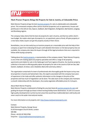 Mark Warner Property Brings Ski Property for Sale in Austria, at Unbeatable Prices