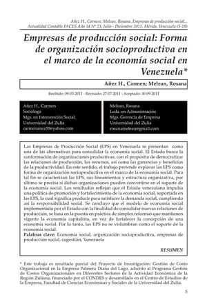 Empresas de producción social: Forma de organización socioproductiva en el marco de la economía social en Venezuela