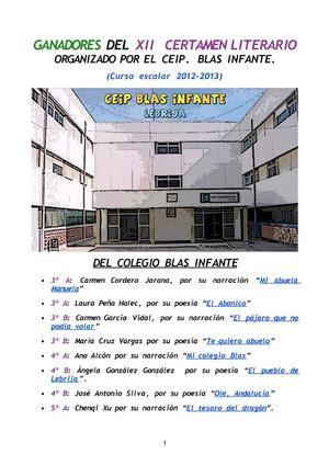 Ganadores del XII Certamen Literario organizado por el CEIP Blas Infante. Lebrija (Sevilla)