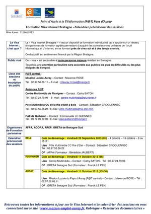 Visa Internet Bretagne - Calendrier des sessions du 2ème semestre 2013 - Pays d'Auray
