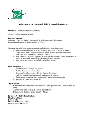 Poste d'animateur à Saulx les Chartreux