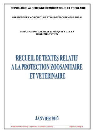 Recueil de textes relatif à la protection Zoo sanitaire et vétérinaire