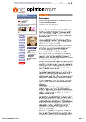 We mustn't forget that some of greatest murderers of modern times were Jewish (By Sever Pocker, Israel Opinion, 12-21-2006)