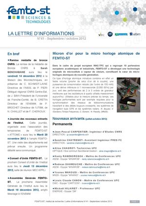 Nicolas Friot, Lauréat 2012 du Ministère de la recherche (Lettre d'informations de FEMTO-ST)