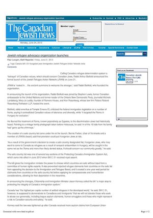 Jewish refugee advocacy organization launches, By Paul Lungen, Staff Reporter, The Canadian Jewish News, Friday, June 21, 2013