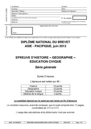 Diplôme National du Brevet (Brevet des Collèges) - 2013 - juin - Asie / Pacifique - série générale