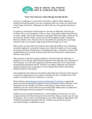 “Lazy” Eyes Not Lazy: Vision Therapy Provides the Fix