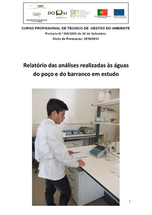 Relatório da análise da água do poço e do barranco