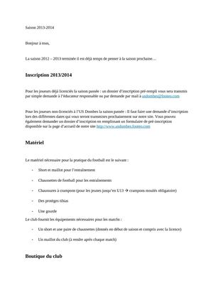 Information début de saison 13/14 US Dombes