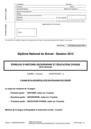 Le brevet en histoire-géographie et éducation en métropole en 2013
