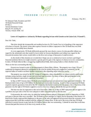 Michael Lathigee Writes Letter of Complaint to TD Bank