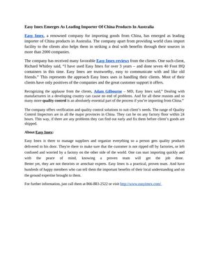 Easy Imex Emerges As Leading Importer Of China Products In Australia